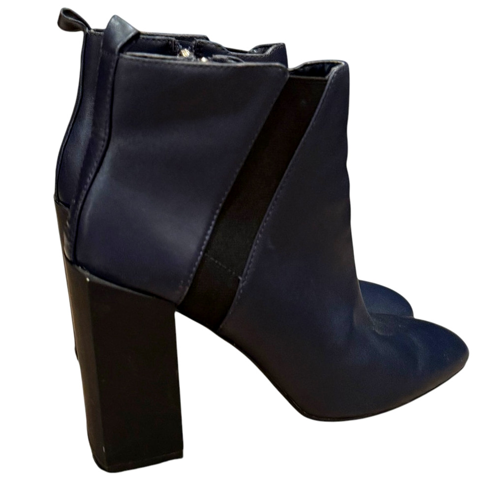 Halston Heritage Leather Boots Ankle Booties Block Heel Size 7.5 3.5'' Heel Navy - Picture 5 of 8